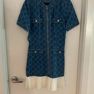 *Sandro* Blue Short Sleeve Dress with White Pleated Hem